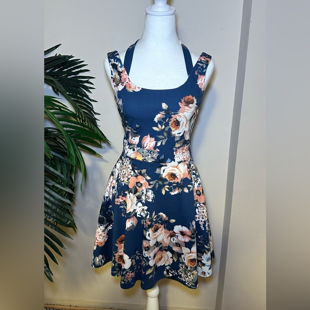 Floral Fit-and-Flare Blue Mini Short Dress - Medium - Picture 3 of 8